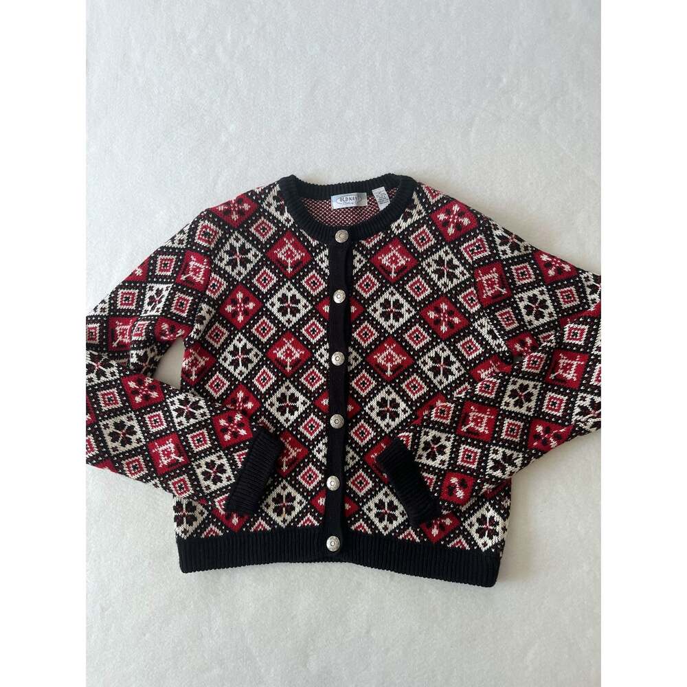 VTG Old Navy Cardigan Sweater Women L Red Fair Isle Knit Hong Kong Button Front